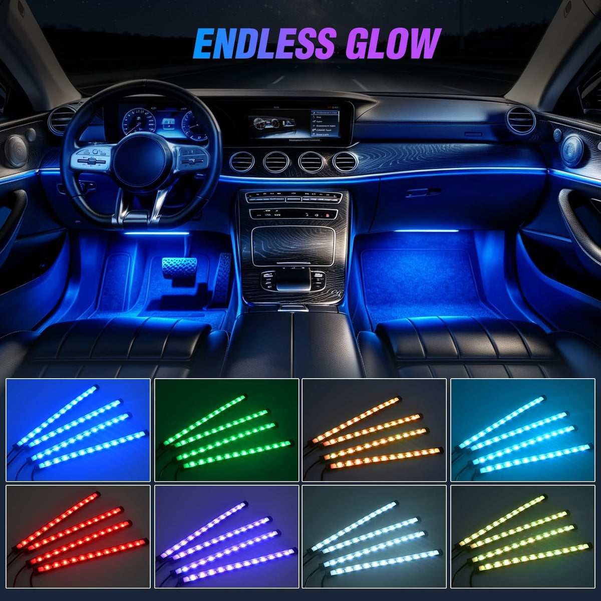 4PCS Car USB Interior Lights RGB Remote Control | 48LED 5V DC Multicolor Music Car Neon Accent Light Strips under Dash Lighting Kit with Sound Active Function