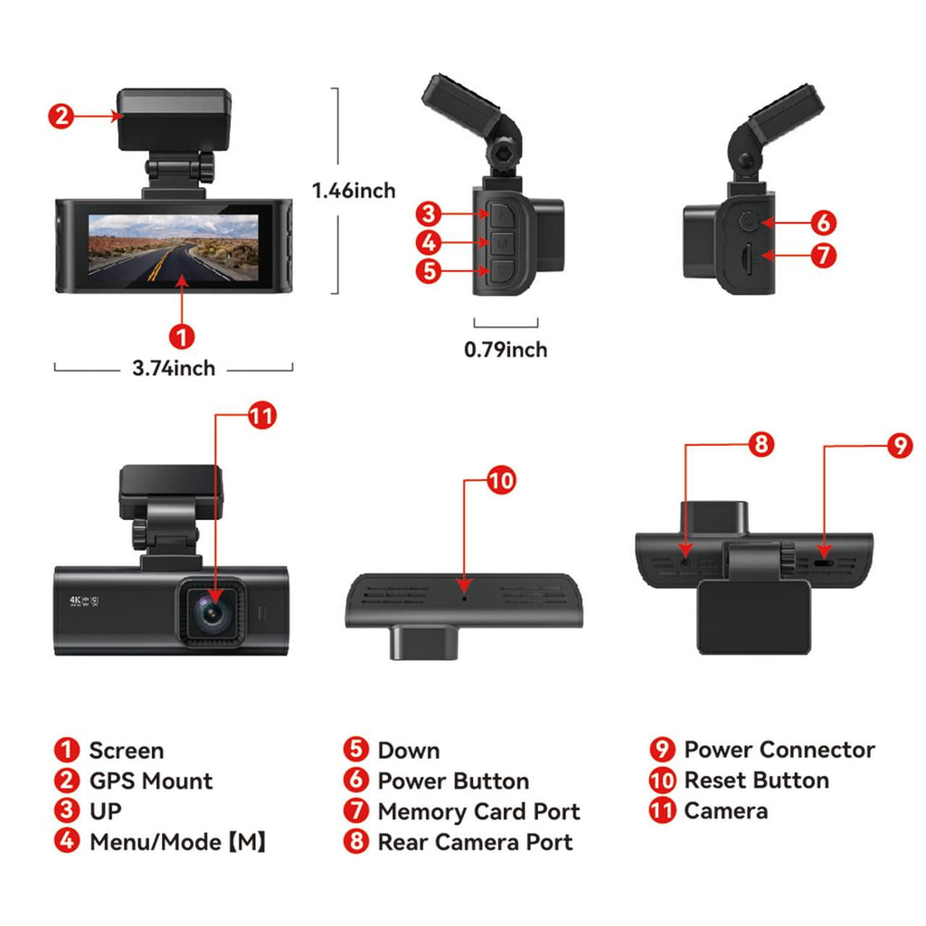 Dash Cam Front and Rear, Dash Cam 4K with Wifi & GPS, 4K/2.5K Front+1080P Rear Dashcam, Dash Camera with Night Vision, 3.18'' LCD Screen, Loop Recording, Black