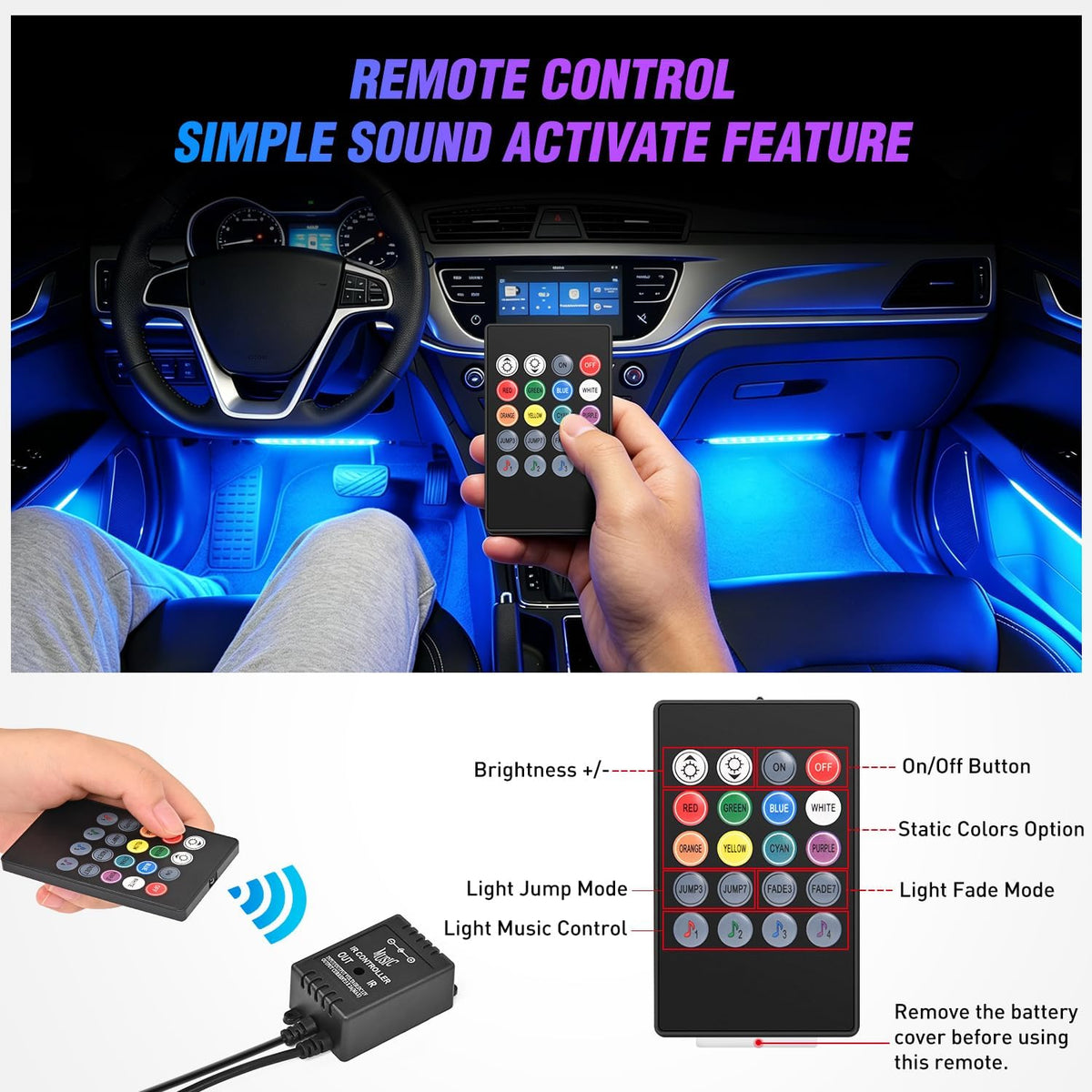 4PCS Car USB Interior Lights RGB Remote Control | 48LED 5V DC Multicolor Music Car Neon Accent Light Strips under Dash Lighting Kit with Sound Active Function