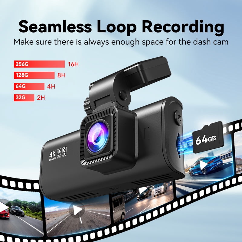 Dash Cam Front and Rear, Dash Cam 4K with Wifi & GPS, 4K/2.5K Front+1080P Rear Dashcam, Dash Camera with Night Vision, 3.18'' LCD Screen, Loop Recording, Black