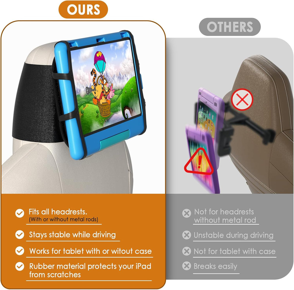 2 Pack Universal Tablet Holder - Compatible with 7-12.9 Inch Tablets & Switch Game Machine - Car Headrest Mount with Adjustable Angle & Safe Silicone Holder - Fits Most Cars
